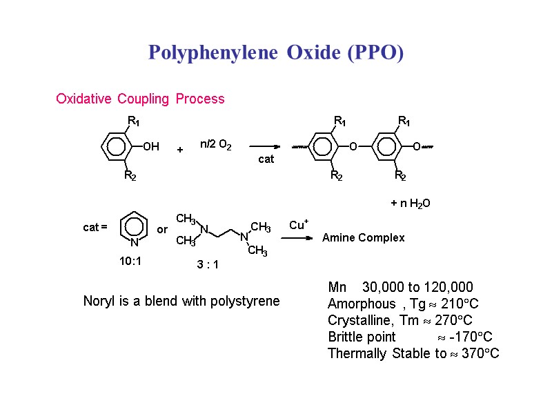 Polyphenylene Oxide (PPO) Noryl is a blend with polystyrene Oxidative Coupling Process Mn 